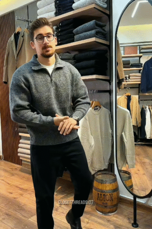 Zip-Up Knit Sweater 🧥🪞 – Soft Grey Layer with Black Pants Styling in Store Visual