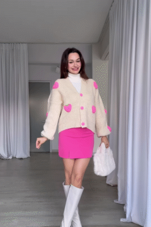 Strawberry-Patch Knit Cardigan 🍓🧥 with Pink Buttons – Styled with Turtleneck, Mini Skirt & Boots
