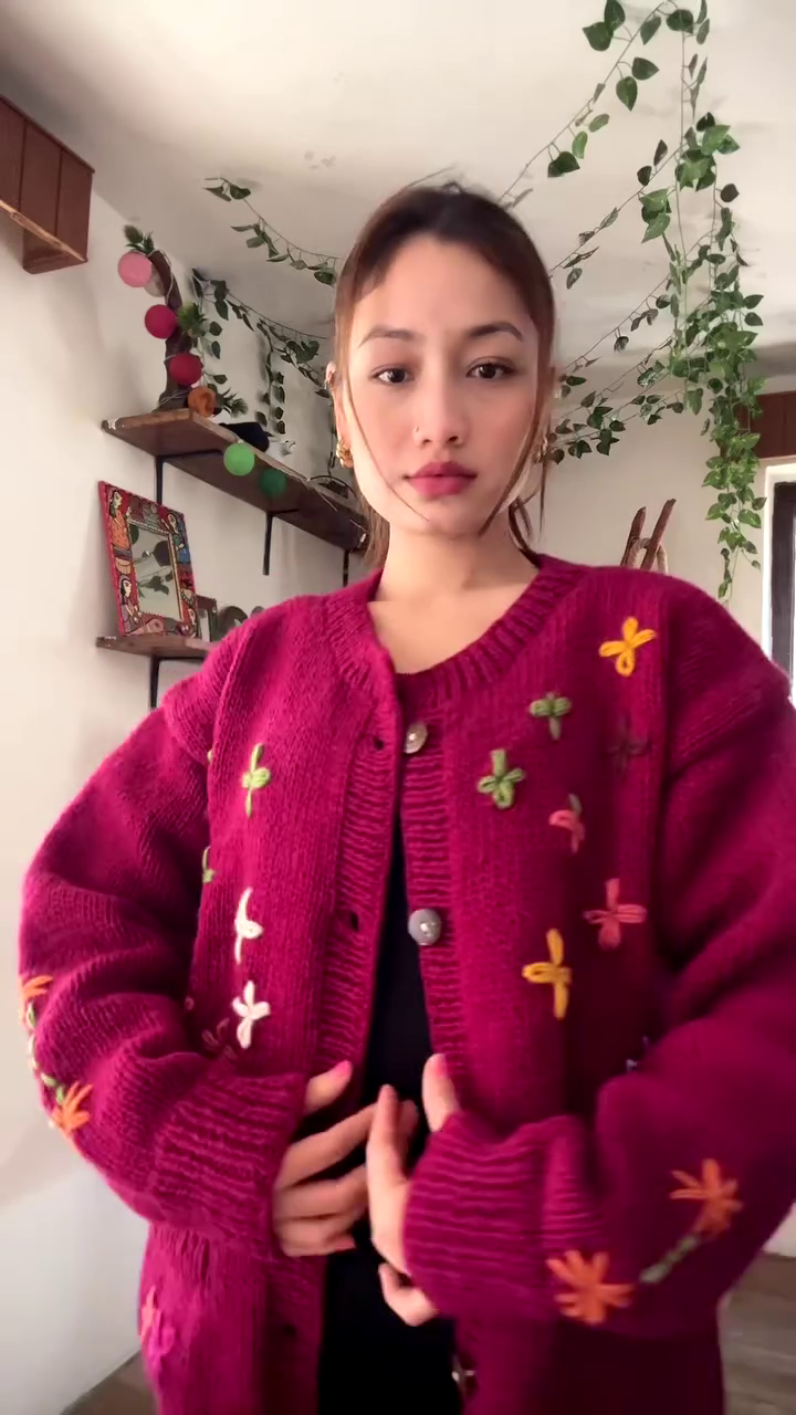 Floral Embroidered Knit Cardigan 🌿🧥 – Dark Green Layer Styled with Black Pants & Brown Boots - Image 3