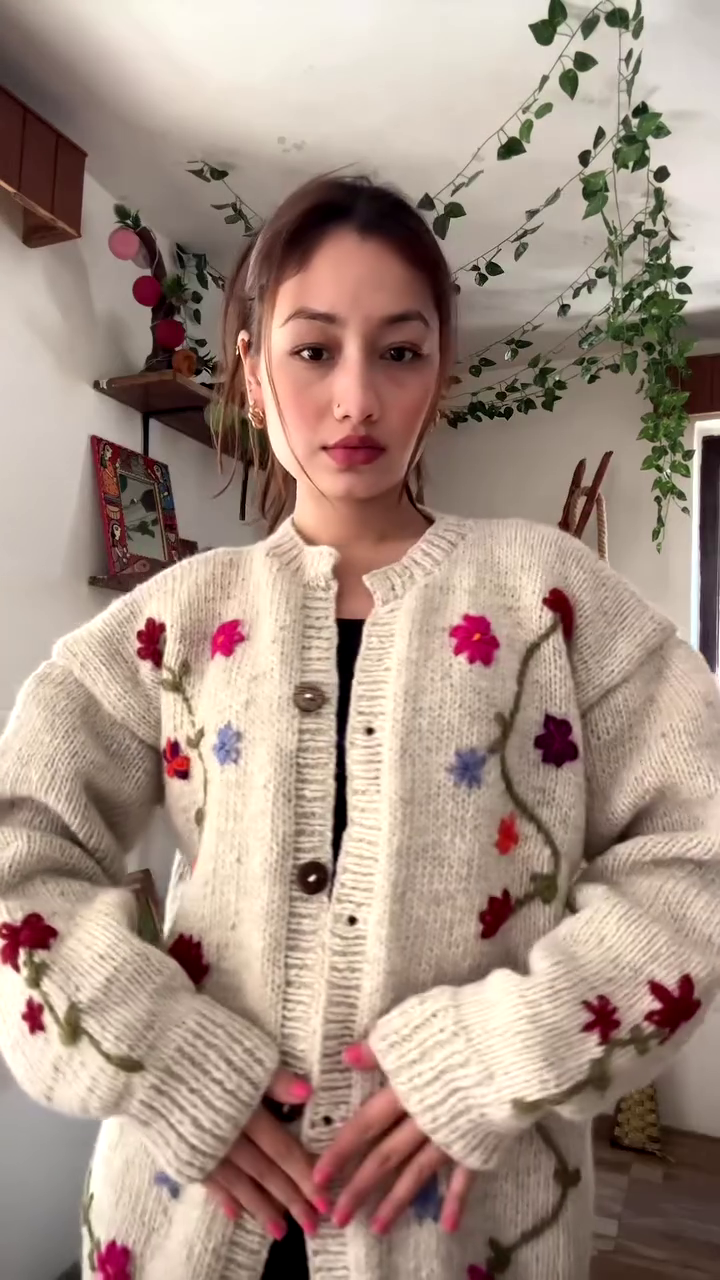 Floral Embroidered Knit Cardigan 🌿🧥 – Dark Green Layer Styled with Black Pants & Brown Boots - Image 5