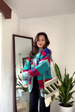 Multicolor Patterned Cardigan 🧥🍂 – Bold Knit Layer in Blue, Red & Teal with Seasonal Styling