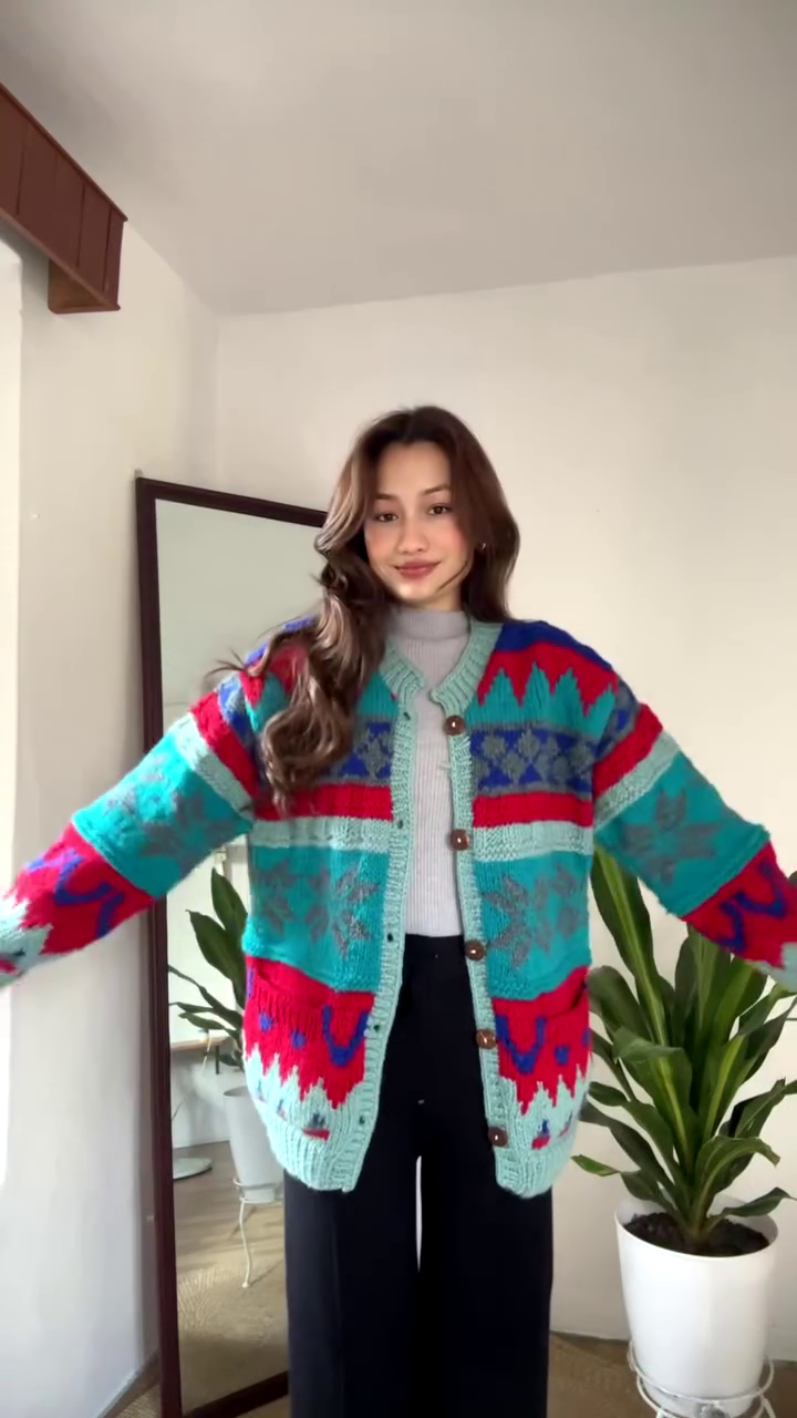 Multicolor Patterned Cardigan π§₯π β Bold Knit Layer in Blue, Red & Teal with Seasonal Styling - Image 3