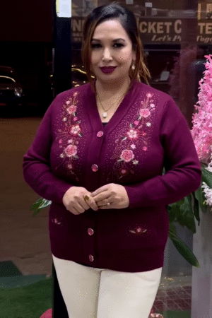 Floral Embroidered Knit Cardigans 🌸🧥 – Beige, Maroon & Purple Variants with Button-Up Front & Pocket Detailing