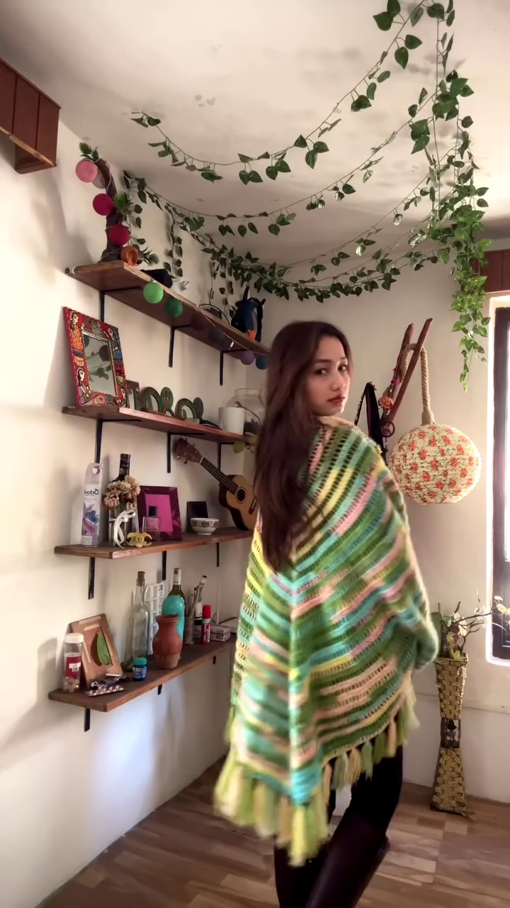 Multicolor Crocheted Shawl with Fringe Detailing 🧶🌈 – Boho Knit Layer Styled Over Black Top - Image 3