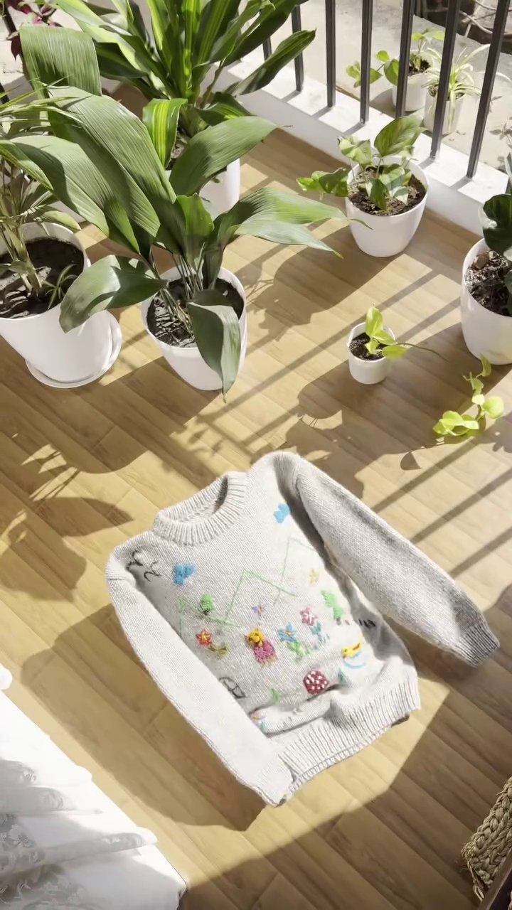 Whimsical Nature-Embroidered Knit Sweaters 🐥🍄🌼 – Light Gray Base with Playful Storybook Detailing - Image 2